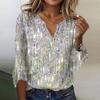 Женские топы Свободная повседневная футболка с v-образным вырезом и блестками с расклешенными рукавами и принтом с семью рукавами