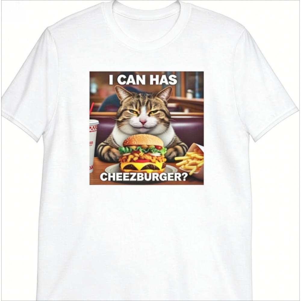 Женская Милая Футболка Burgercat Мультяшный Кот Принт Бургер Короткий Рукав Круглый Вырез Повседневные Топы Черный Har Повседневные