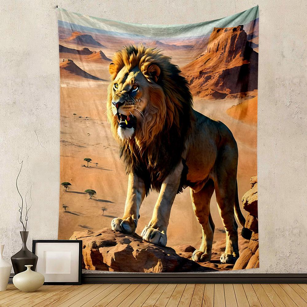 Lion Standing Proud in Desert Landscape Patterned Tapestry Decorative Wall Hanging, Home Bedroom Living Room Decor