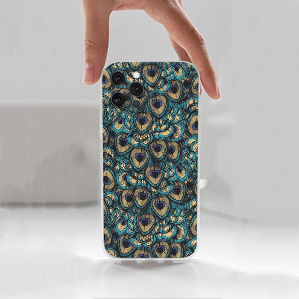 Peacock Feathers For iPhone 16,13,12,11,17,14,15,Pro,Max,Plus,X,XS,XR,SE,Mini Transparent Soft silicone Case