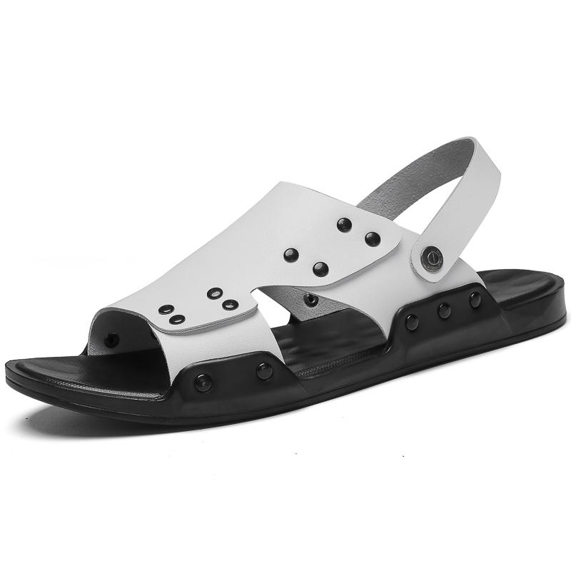 Летние мужские сандалии из натуральной кожи, модные высококачественные туфли на плоской подошве, дышащая повседневная обувь, черные пляжные тапочки