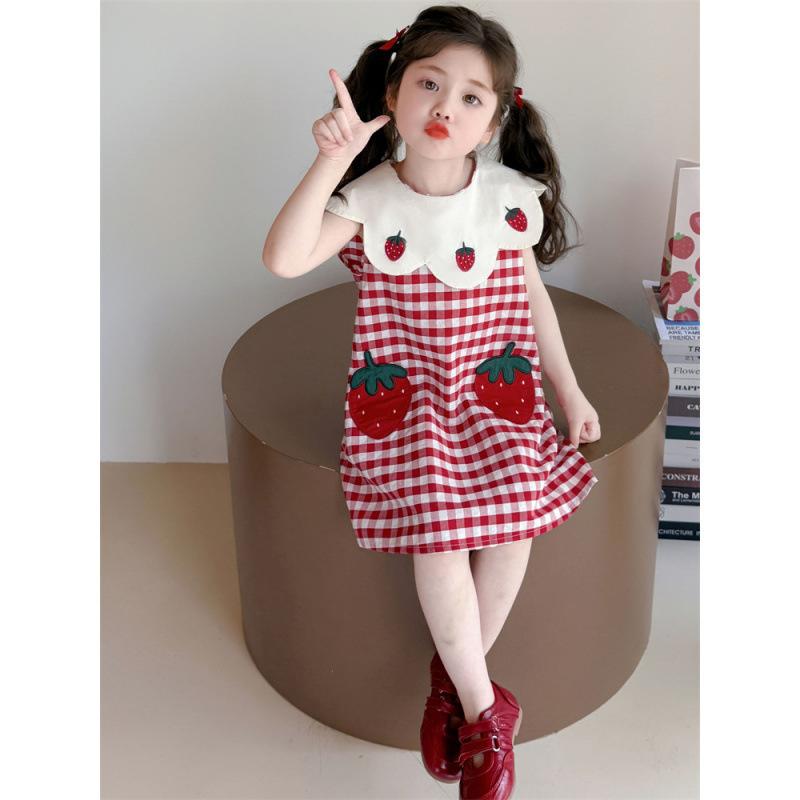 Girls Summer Checkered Dress with Strawberry Print and Polo Collar
