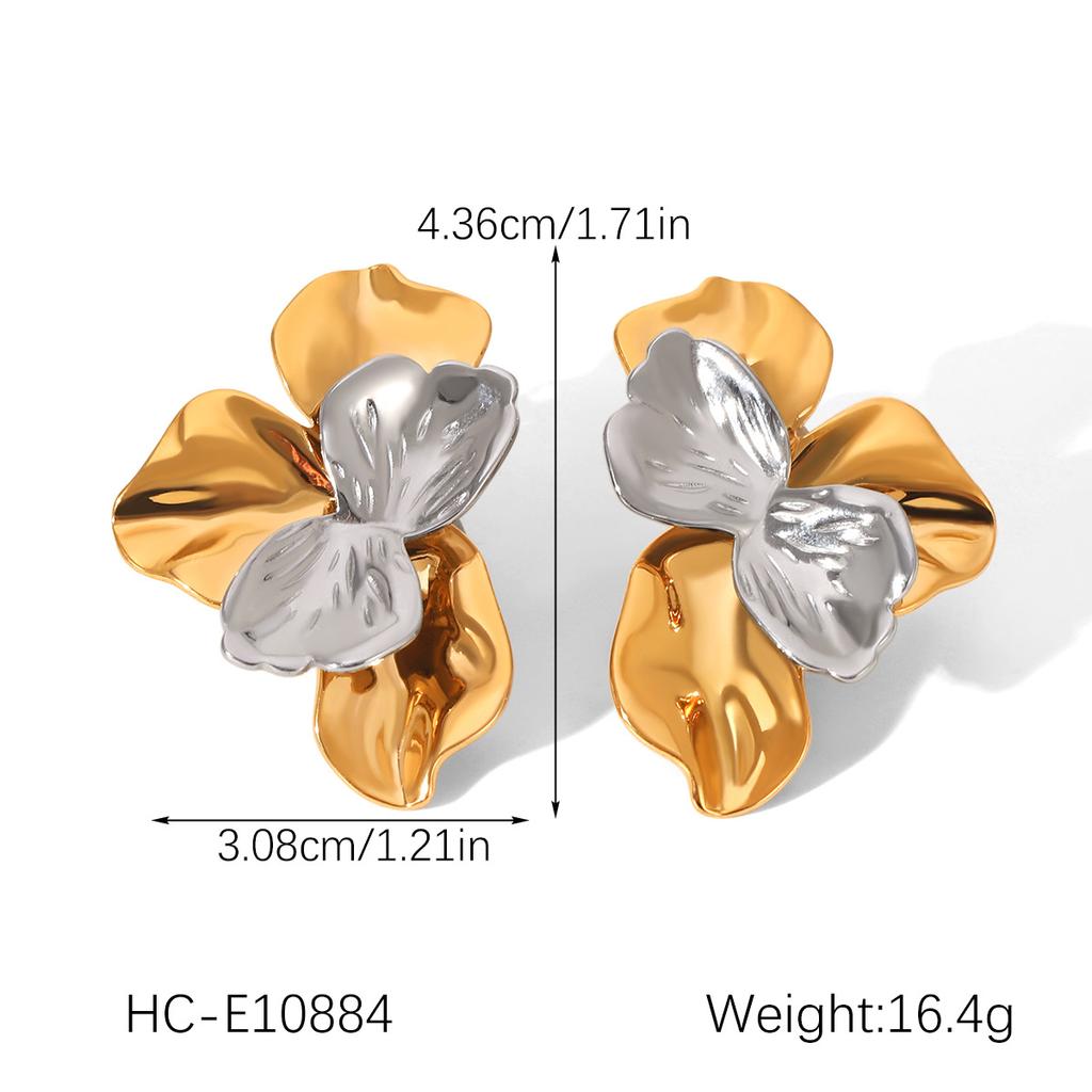 Stainless steel gold and silver color-block hammered pattern flower earrings, statement jewelry, versatile titanium steel studs