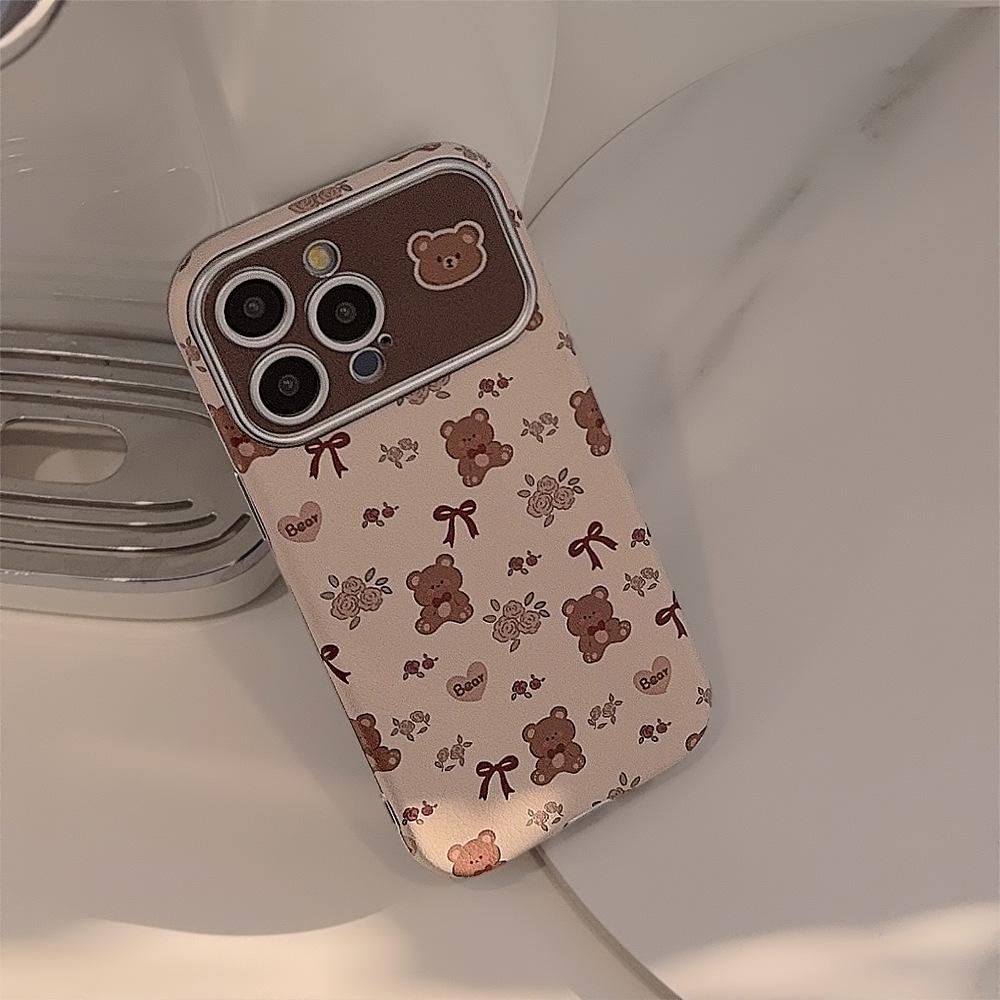 Cute bear and flower case suitable for iPhone 16, Apple 15, 13 Pro Max, leather 17, artistic and fresh 12