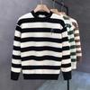 Полосатый вышитый свитер с круглым вырезом, мужская осенне-зимняя вязаная нижняя рубашка, новая мужская внутренняя одежда, термостойкая облегающая посадка