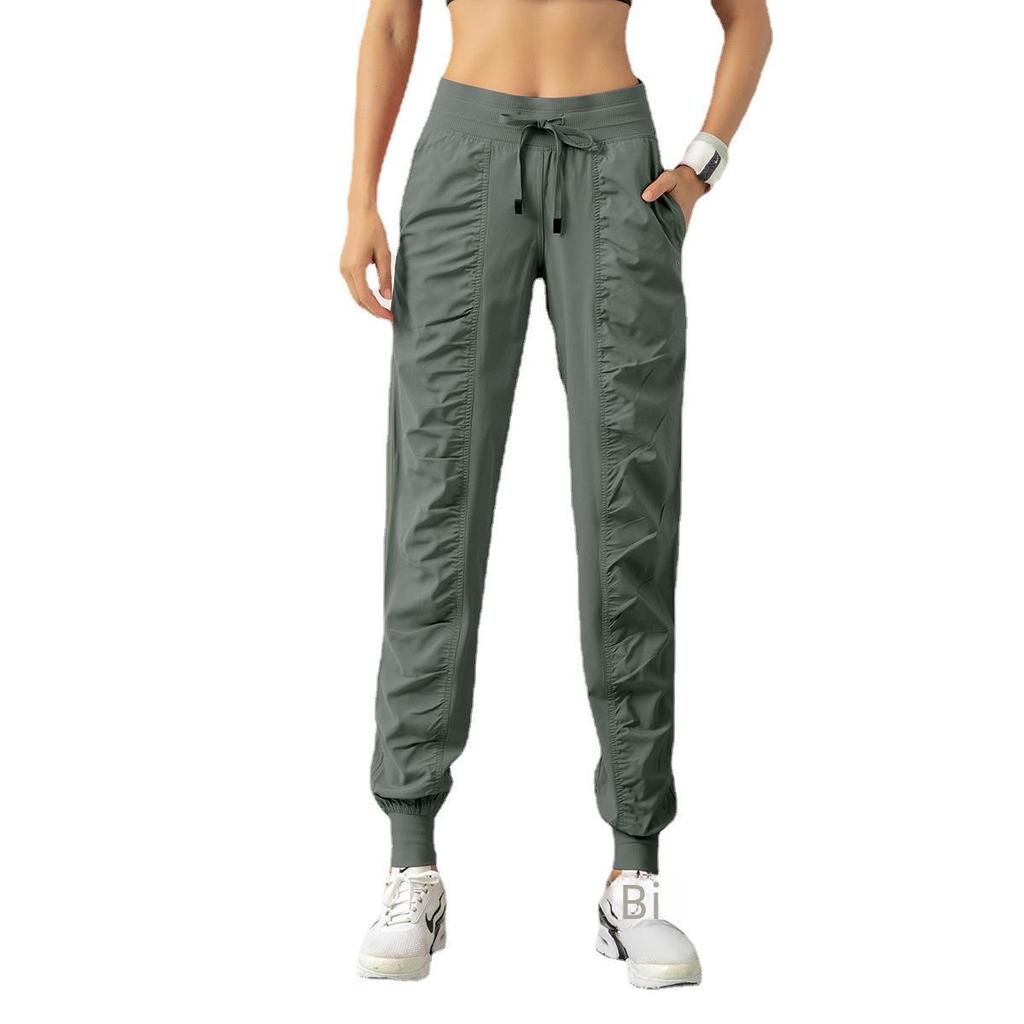 Women's Quick-Dry Pleated Sports Pants - Summer Running, Fitness, Casual Straight-Leg Design with Drawstring.