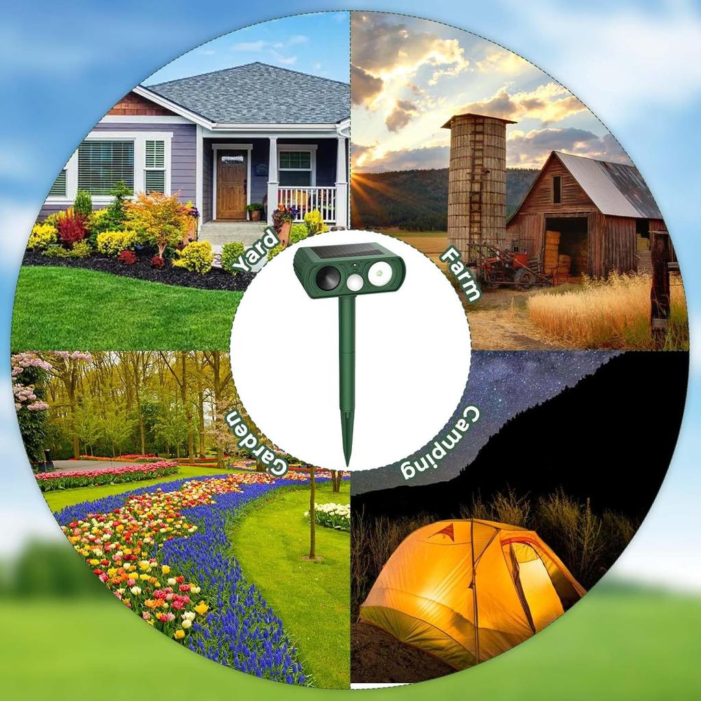 Солнечный ультразвуковой отпугиватель животных на открытом воздухе, водонепроницаемый отпугиватель белок, мышей, енотов, птиц со светодиодной вспышкой для двора, фермы, сада