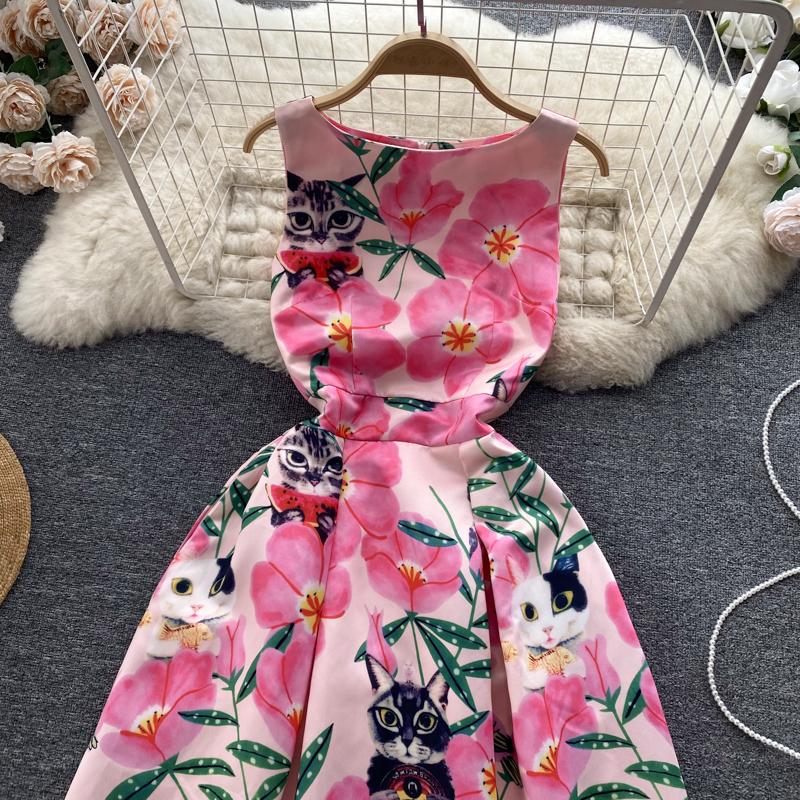 Женское платье-майка с цветочным принтом, элегантное модное летнее платье трапециевидной формы с круглым вырезом без рукавов и высокой талией, вечернее платье-майка для взлетно-посадочной полосы