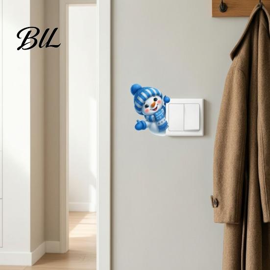 Cute Cartoon Wall Art Snowman Switch Sticker, Self-Adhesive PVC Decorative Decal, Blue And Sticker White Winter Theme for Living Room Kids Home