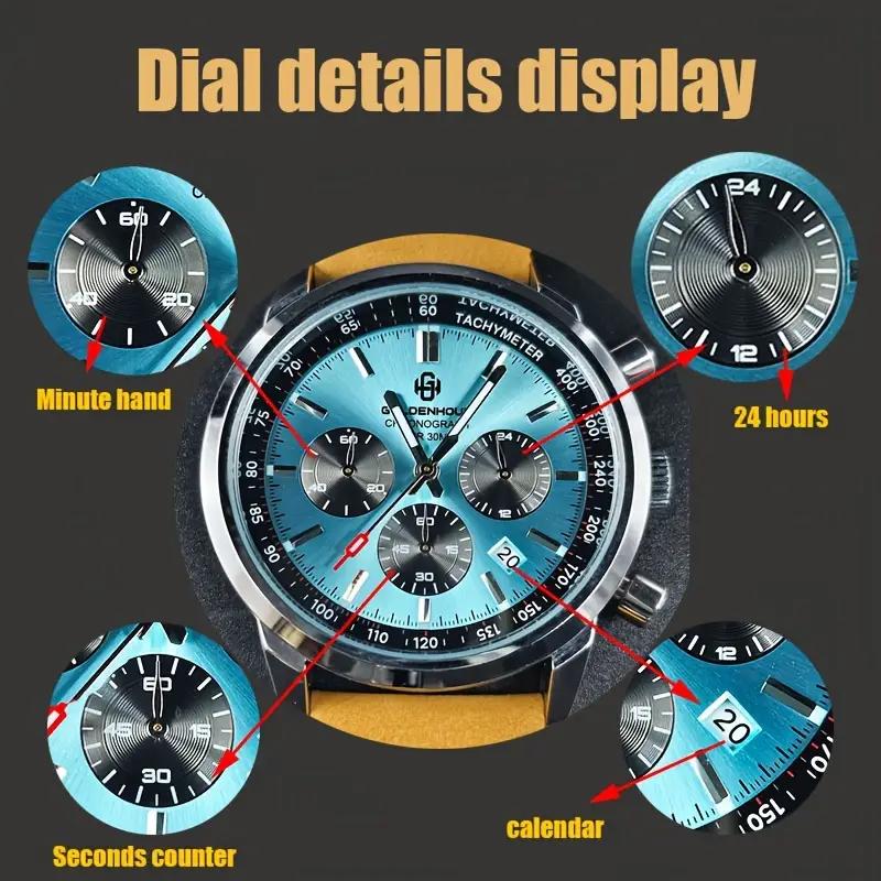 Luxury Mens Watch Fashion Leather Luminous Calendar Business Man Watch Waterproof Chronograph Gold Quartz Watches for Men