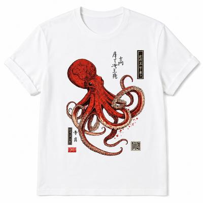 Japanese Style Octopus Shirt Vintage Ocean Woodblock Art Graphic Tee