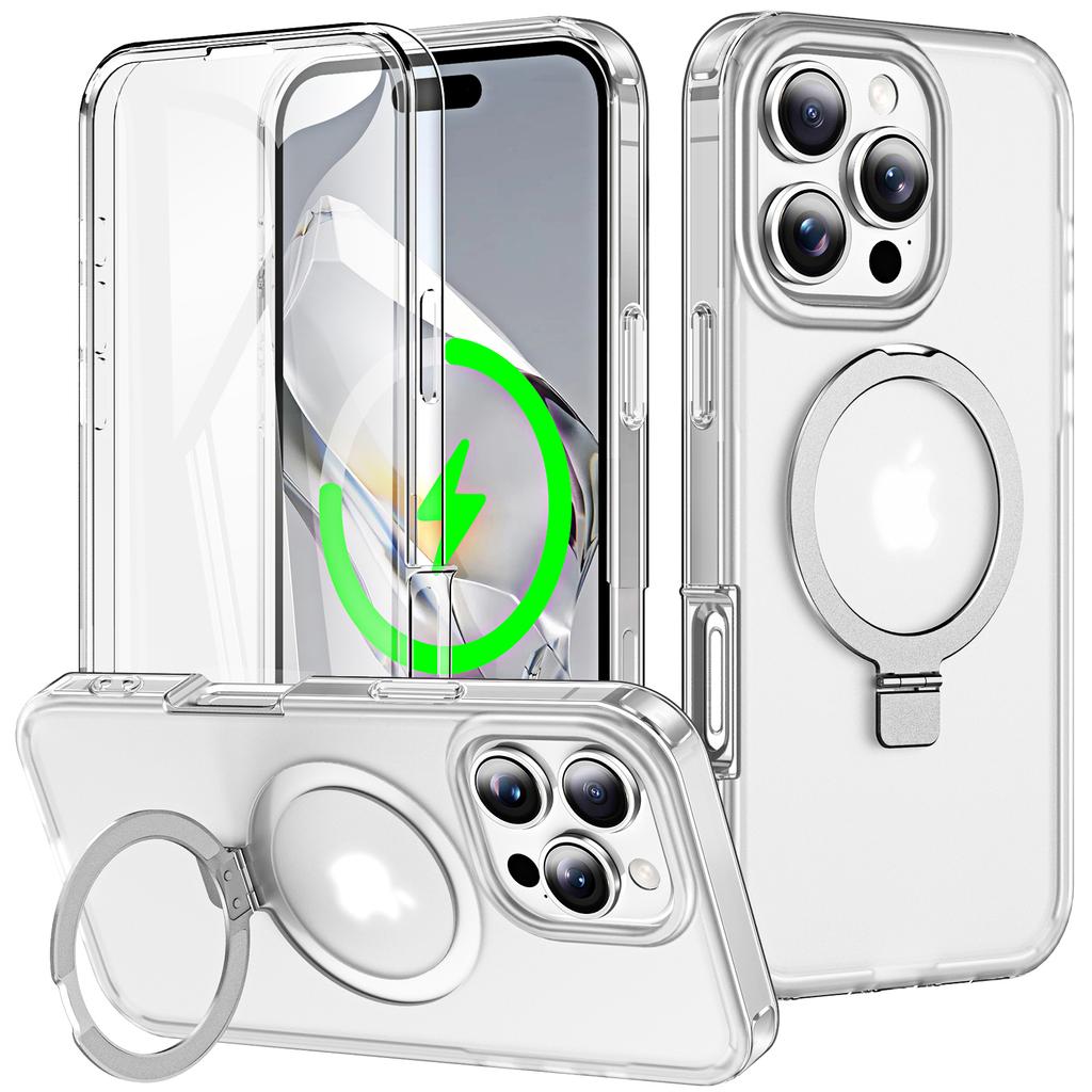 For iPhone 16 Pro Case Frosted TPU+PC Phone Cover with Magnetic Kickstand PET Screen Protector Compatible with MagSafe