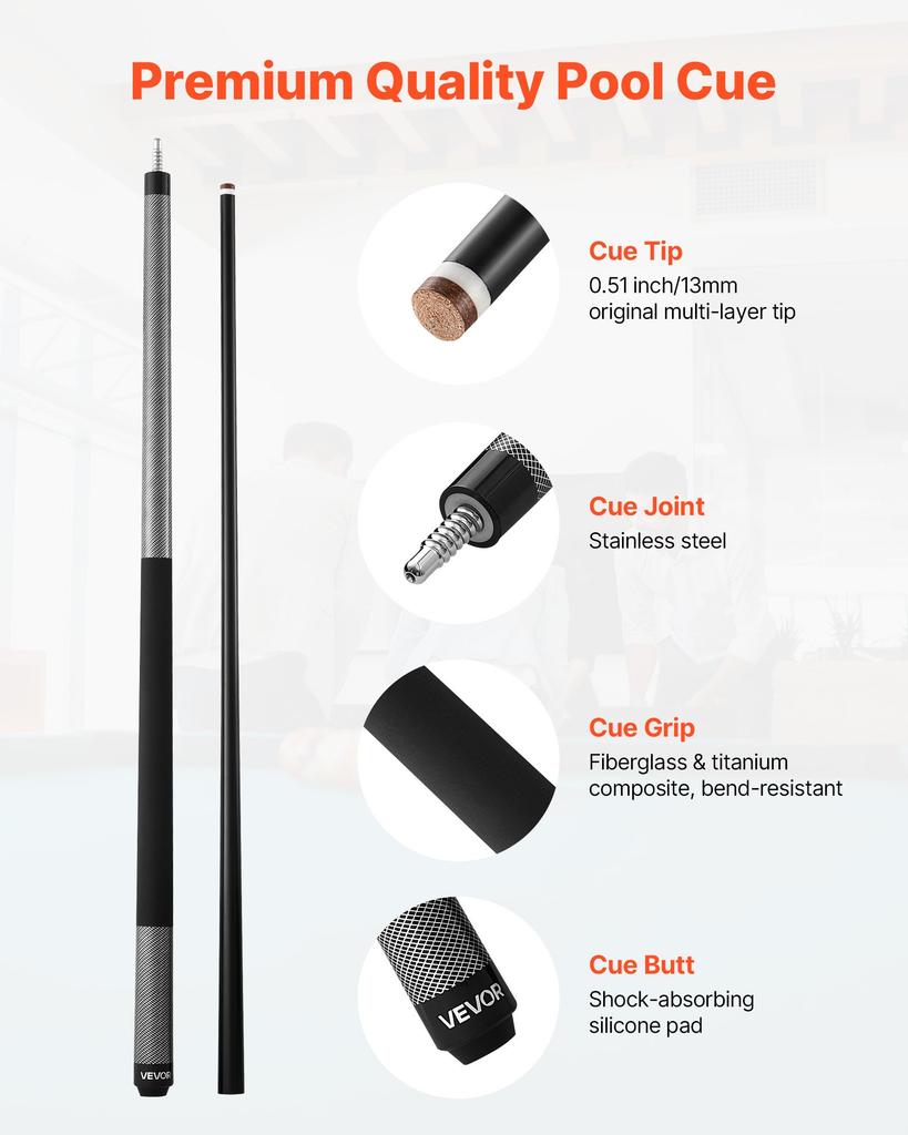 VEVOR Pool Cue, 1 Piece Pool Stick, 1473.2mm & 595g Fiberglass Titanium Composite Billiard Pools Cue Stick with Multi-Layer Tip