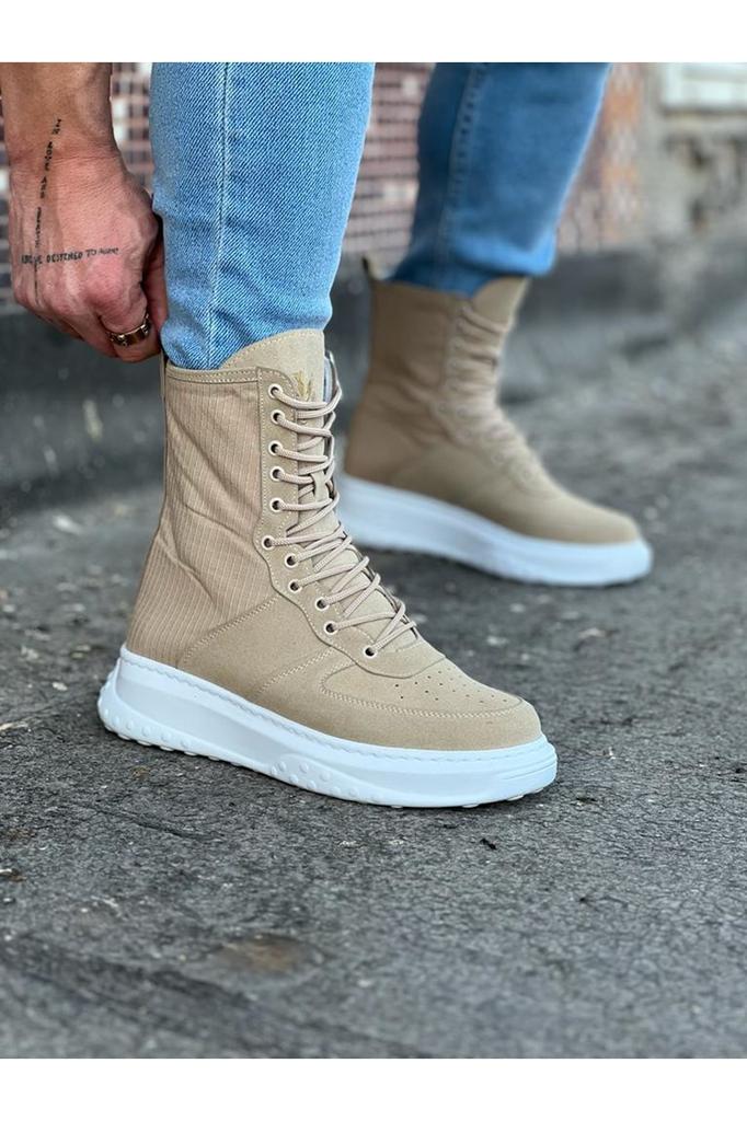 Men's Fashion Suede Flat Heeled Bootie Wg Beige Suede Long Lace Up Boots Shoes