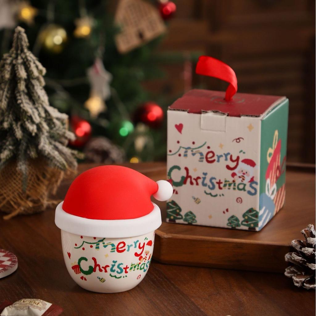 Рождественская креативная мультяшная керамическая кружка, ручная, милая чашка с рождественской шапкой, крышка, кофейная чашка, подарочная коробка, сувенир