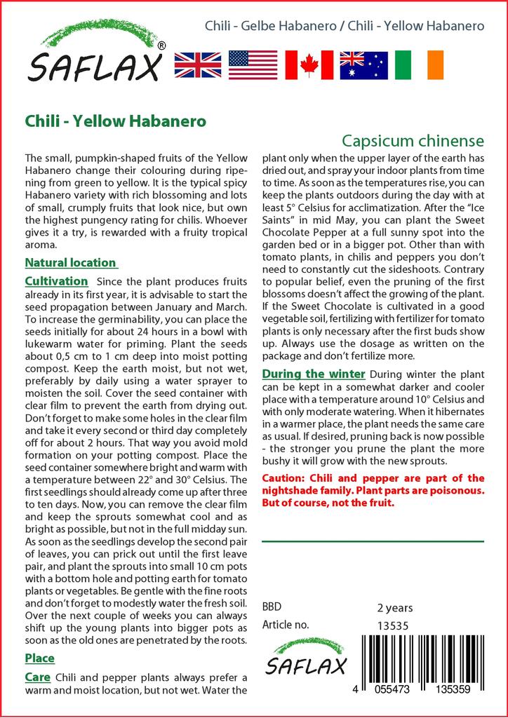 SAFLAX Чили - Желтый Хабанеро - 10 семян - Capsicum chinense