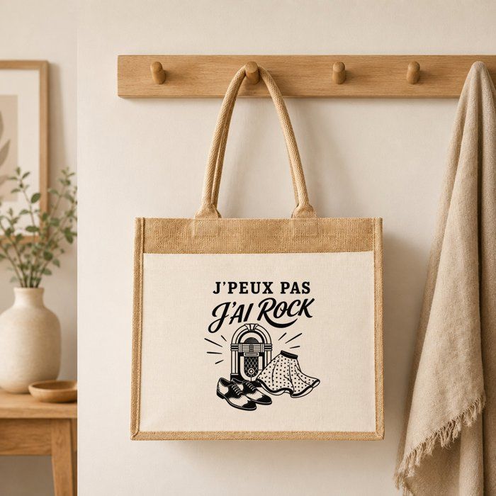 Sac Cabas Jute avec Poche J’peux pas j’ai Rock J'peux pas minimaliste | Toile de Jute et Coton 21 L Fond Plat Anses 65 cm | Marché