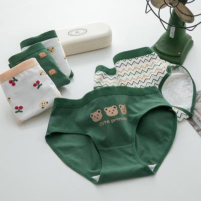 Японский милый мультфильм зеленый медведь женское нижнее белье средней талии из чистого хлопка