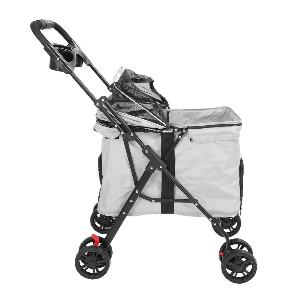 Foldable Pet Stroller Breathable Mesh with 2 Way Zipper Canopy Detachable Food Tray Cup Holder Travel Cat Dog Stroller