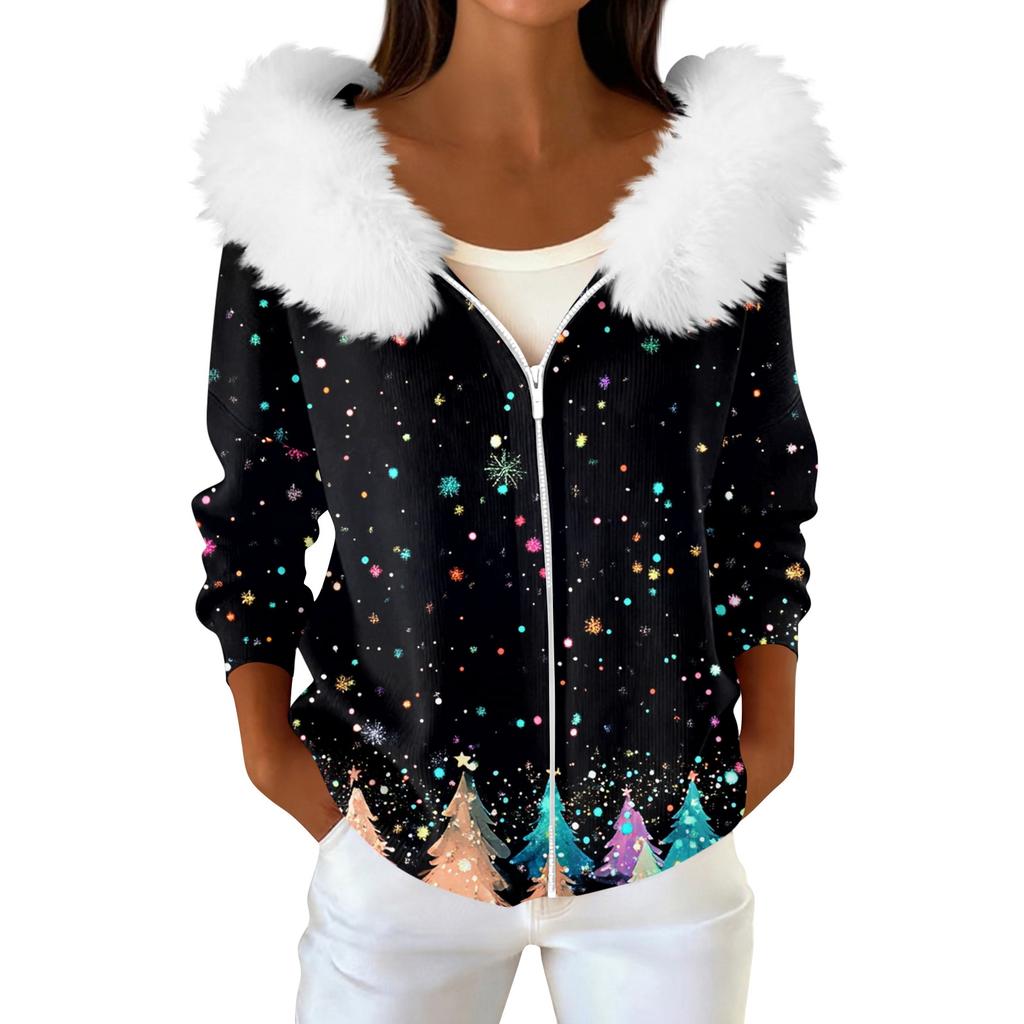 Women's Fashion Casual Sweater Zipper Print Cardigan Plush Hooded Jacket