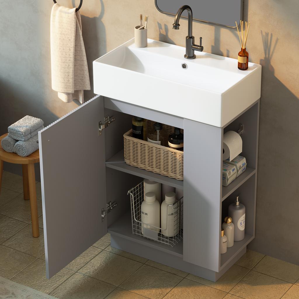 55 cm Freestanding Bathroom Vanity Unit with Grooved Wood Look, Ceramic Washbasin, Removable Toilet Paper Holder and Storage – without Tap, Grey