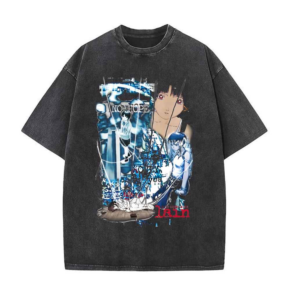 Serial Experiments Lain Anime Vintage Washed T-Shirt Manga Iwakura Girl Sci Fi Short Sleeve T-shirts 100% Cotton Casual T Shirt