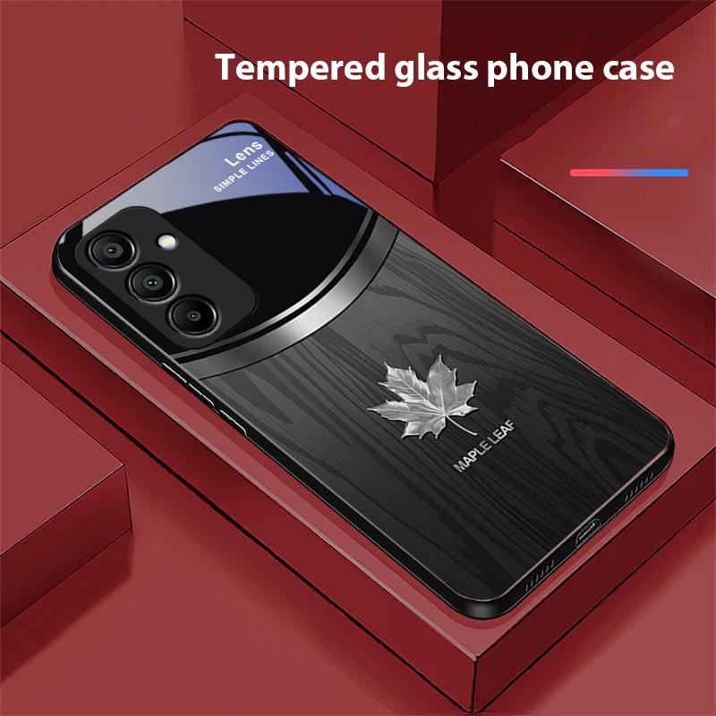 Чехол для телефона из закаленного стекла с текстурой дерева и кленовым листом для Samsung Galaxy A15 5G 54 4G 51 50 24 35 90 71 12 51 53 52S 80 22 34 Черный