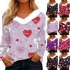 Women's Valentine's Day Heart Printed Long Sleeve Shirt V Neck Casual Loose T-Shirt Tops