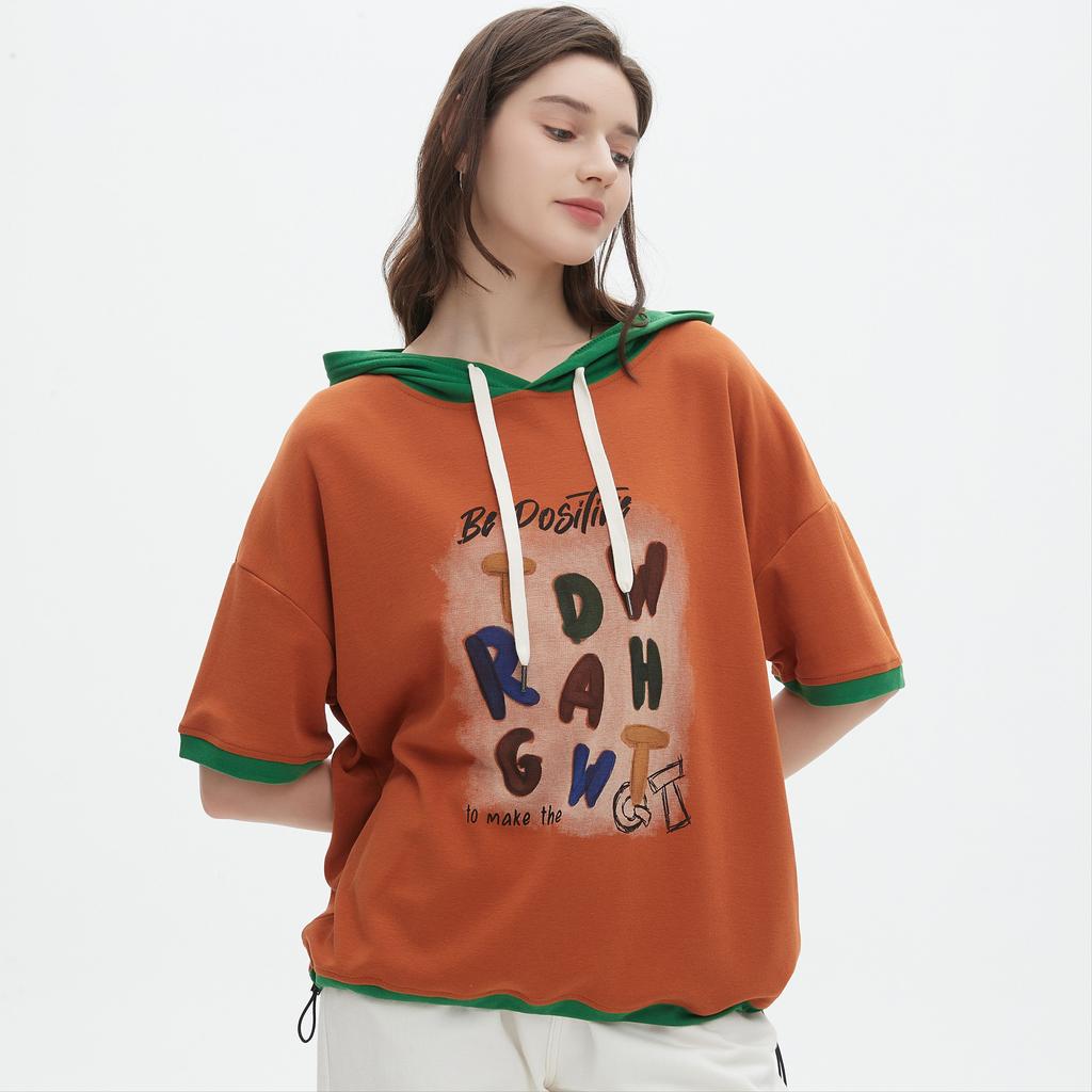 Dimanaf 2025 Летняя футболка женская с капюшоном и принтом букв, свободная, с коротким рукавом, белая, черная