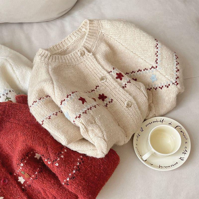 Женский вязаный кардиган с цветочной вышивкой 2024 - Весна/Осень, Круглый вырез, Однобортный дизайн