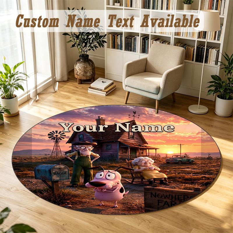 Courage the Cowardly Dog Personalized Round Rug Support Custom Name, Soft Home Decor Mat