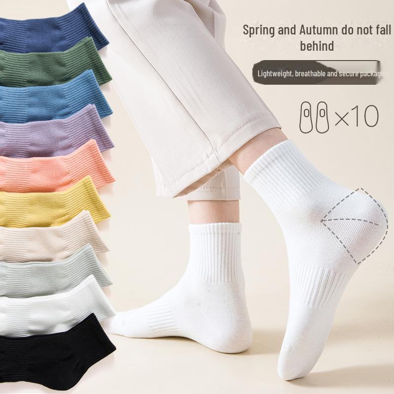 Женские повседневные носки средней длины из чесаного хлопка осенне-зимнего периода — однотонные, антипиллинговые, дезодорирующие спортивные носки.