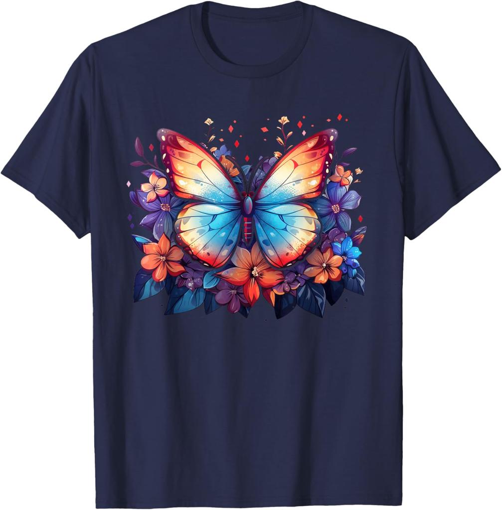 Colorful Butterfly Flowers Graphic Tee Men's Casual Short Sleeve Breathable T-Shirt