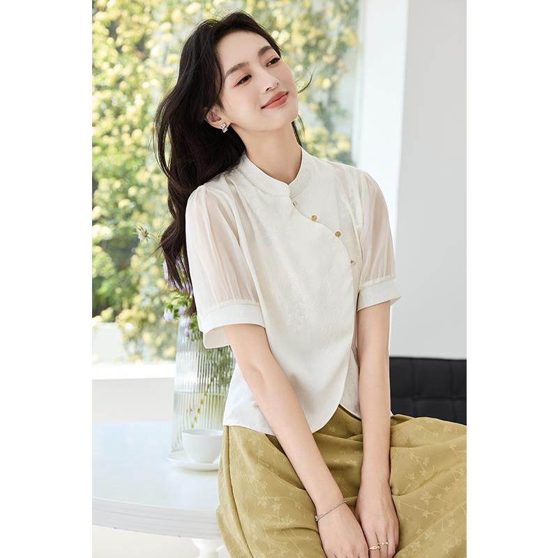 New Chinese style stand up collar slanted placket buckle design with dark pattern printing basic Chinese style short sleeved shirt