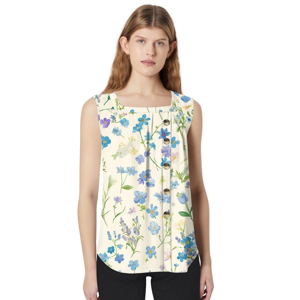 Женская мода, повседневный базовый плиссированный жилет без рукавов с квадратными пуговицами и принтом, летние майки