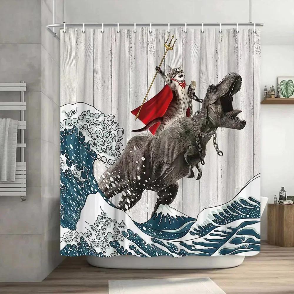 Смешная занавеска для душа Brave Cat Cartoon Душевая занавеска Waves Ocean Decor Ткань Душевая занавеска Set with Hooks Bathroom Decoration