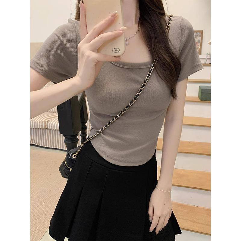 Dopamine Whitening Slim Right Shoulder Square Collar Short-sleeved Pure Desire T-shirt Summer Curved Hem Bm Short Crop Top