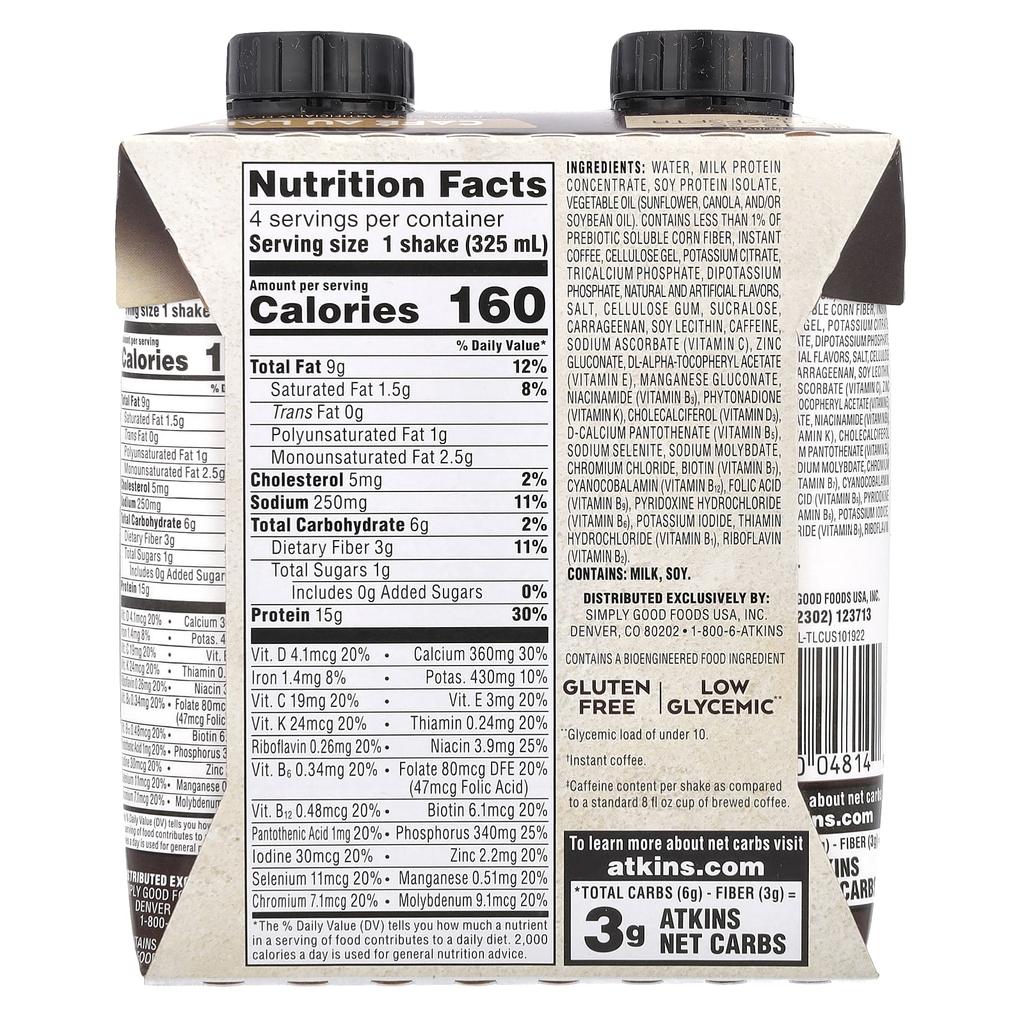 Iced Coffee Protein Shake, Cafe Au Lait, 4 Shakes, 325Ml (11Fl Oz) Each