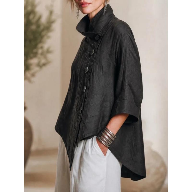 Women Solid High Collar Asymmetric Button 3/4 Sleeve Loose Casual Fall Short Jacket Coat