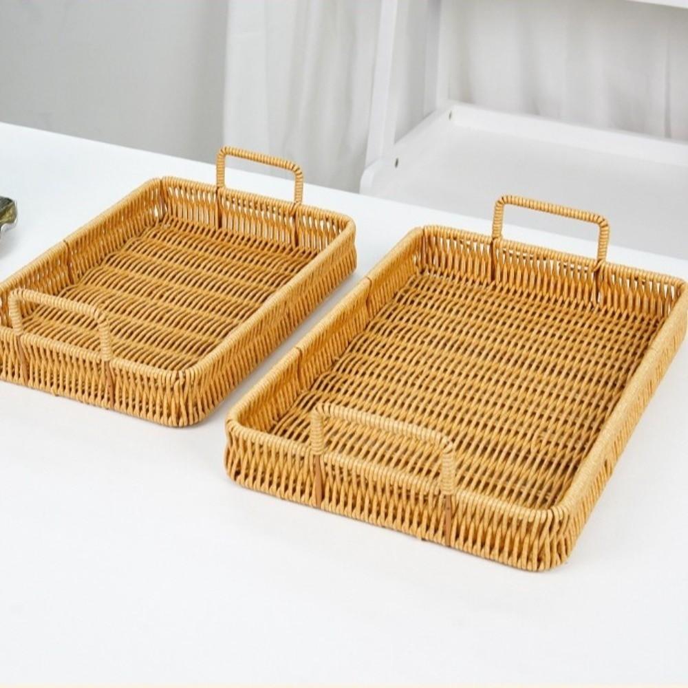 Handwoven Wicker Serving Tray Woven Handheld Plastic Rattan Storage Tray Kitchen Storage