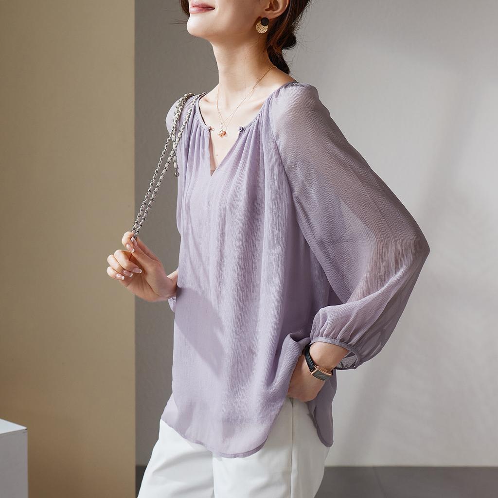 100% mulberry silk round neck seven quarter sleeved shirt for women in summer 2026, thin, loose and versatile silk top