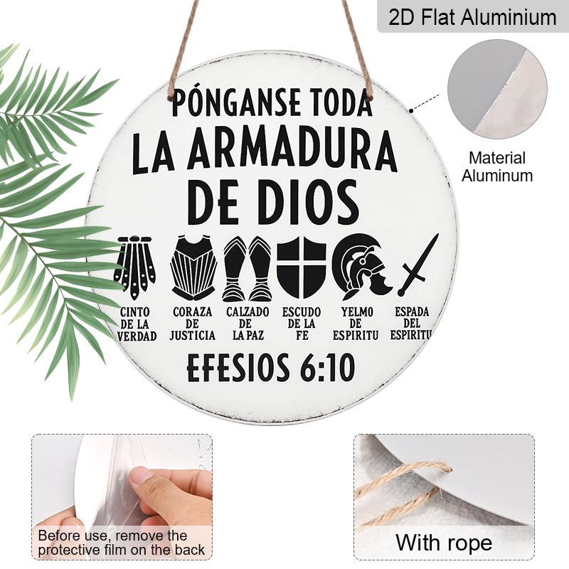 2D Flat, 1pc 7.87*7.87 Inch Round Spanish Aluminum Sign, a Vintage Decorative Plaque About "The Armor of God" from Ephesians 6:10. Suitable for