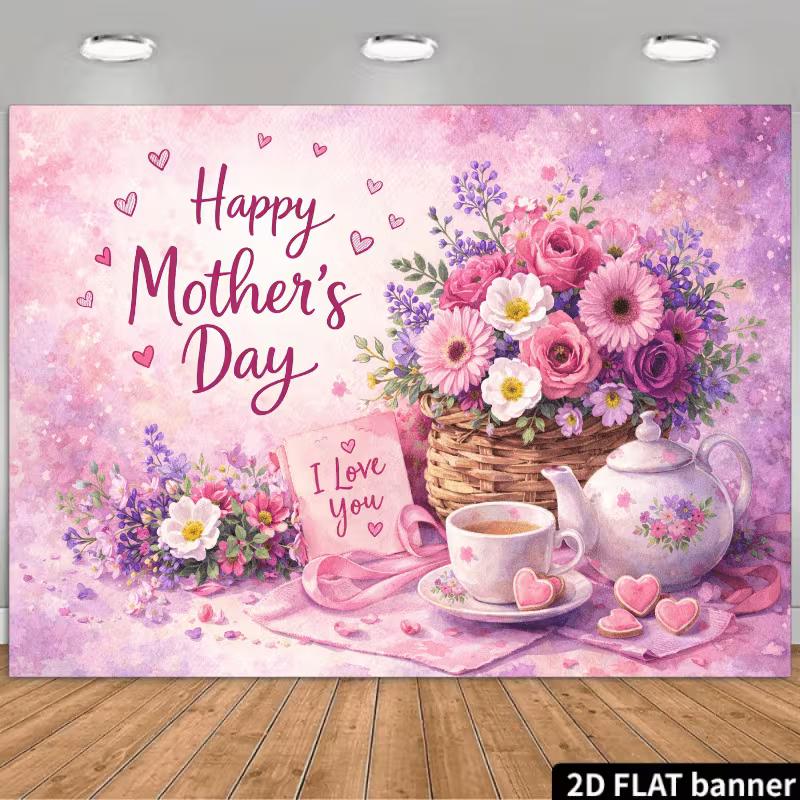 2D Mother's Day Tea Party Backdrop, Pink Purple Floral Banner, Happy Mother's Day Decor