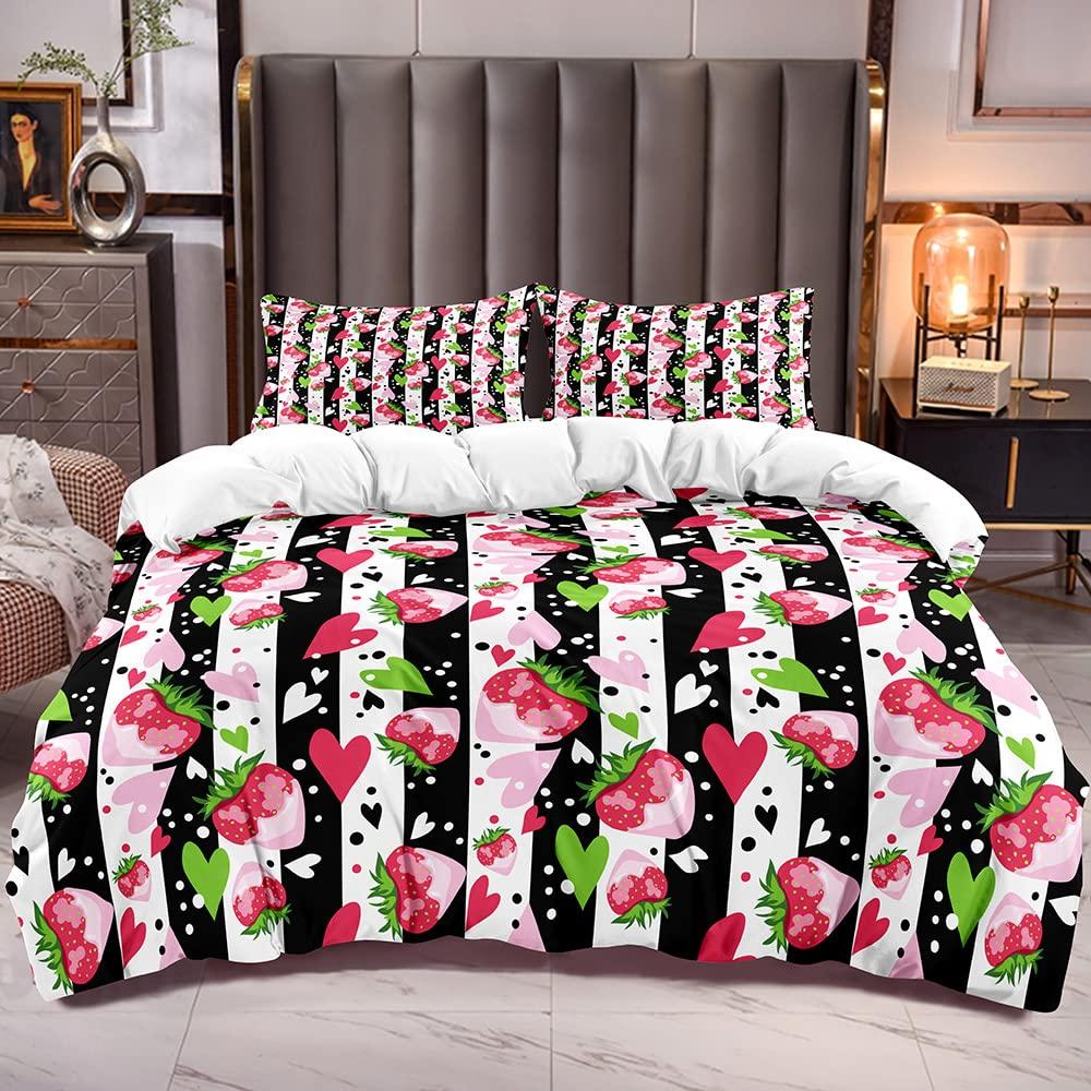 Постельное белье с клубникой для девочек, пододеяльник с сладкой клубникой для детей, розовый, милый мультфильм, фруктовая еда, девичий белый цветочный декор для комнаты