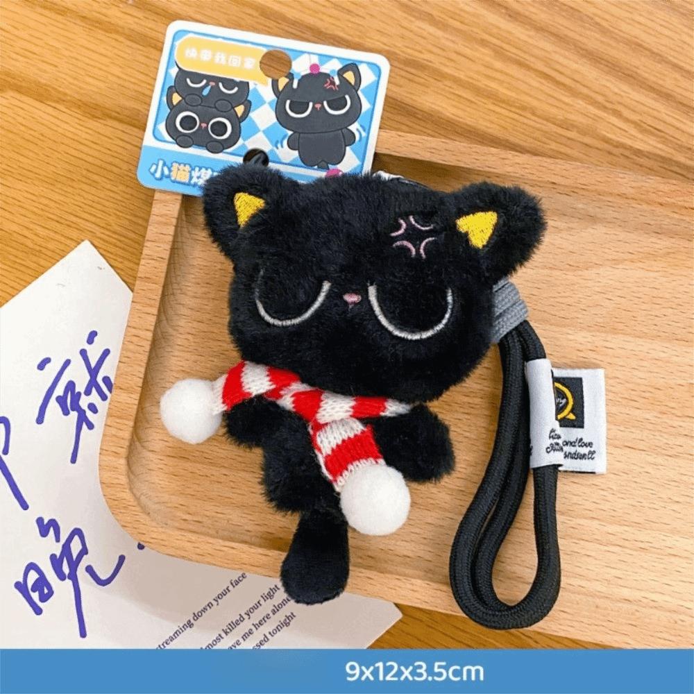 Stripe Scarf Black Cat Plush Keychain Soft Car Key Ring Doll Bag Pendant  School Bag Decoration