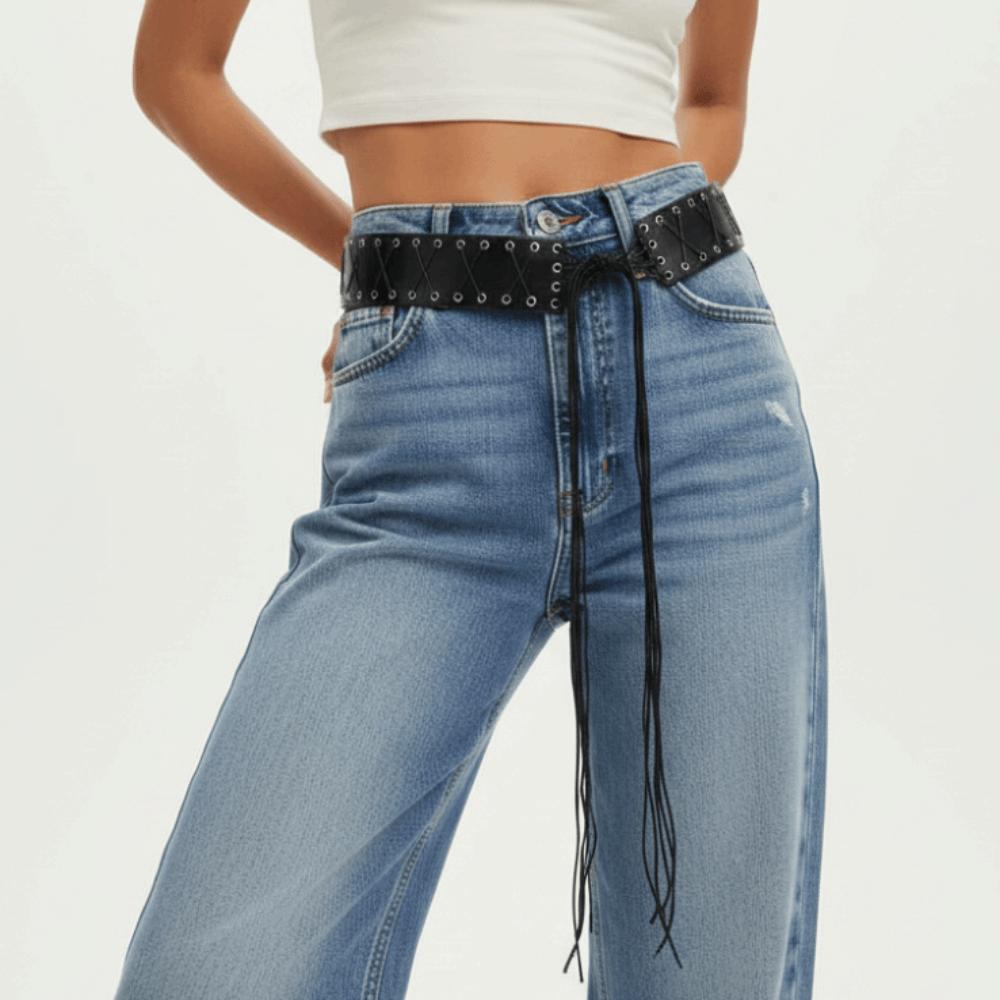Wide Side Black Punk Belt Lace-up Straps Tassel Belt Leather Waist Chain Men  Waist Decoration
