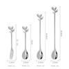 Stainless Steel Water Cup Stirring Spoons Golden Silver Leaf Shape Dessert Spoon Fork Long Handled Dinnerware Coffee Spoon4