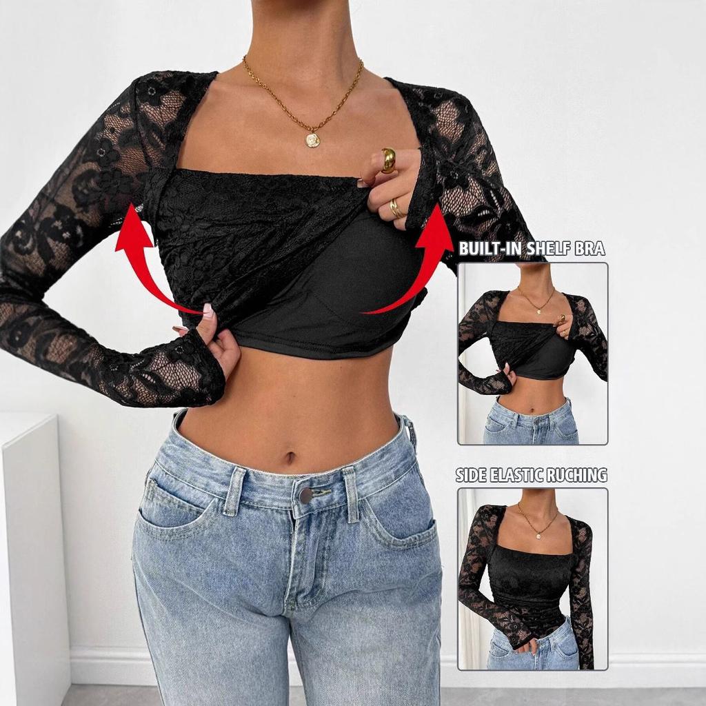 Women's Lace Floral Square Neck Ruffled Design Long-sleeved T-shirt Tops Women Versatile Closet Essential Fashion Items Shirt