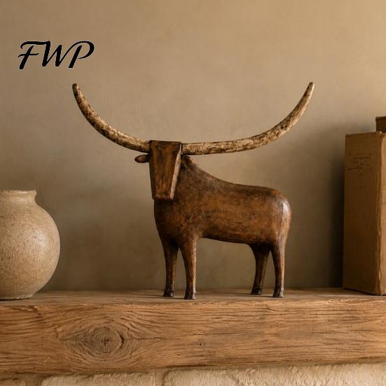 Rustic Longhorn Bull Figurine Vintage Bull/Sheep Sculpture, Farmhouse Animal Figurine, Western Style Statue Decorative for Shelf Mantel Living