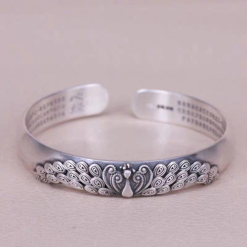Vintage Brushed Embossed Peacock Open Bracelet Women Jewelry Classic Buddhist Heart Sutra Blessing Bangle For Lady Gift